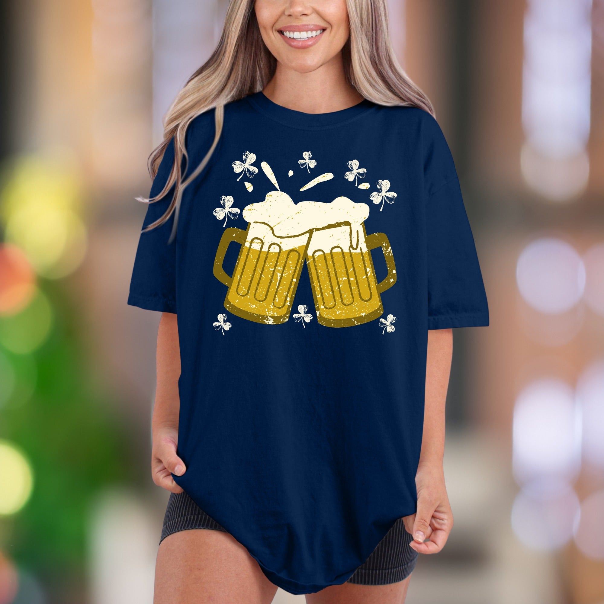 Sláinte! Cheers Beer Mugs with Shamrocks | Comfort Colors Unisex Adult T-Shirt | Distressed St. Patrick's Day Style