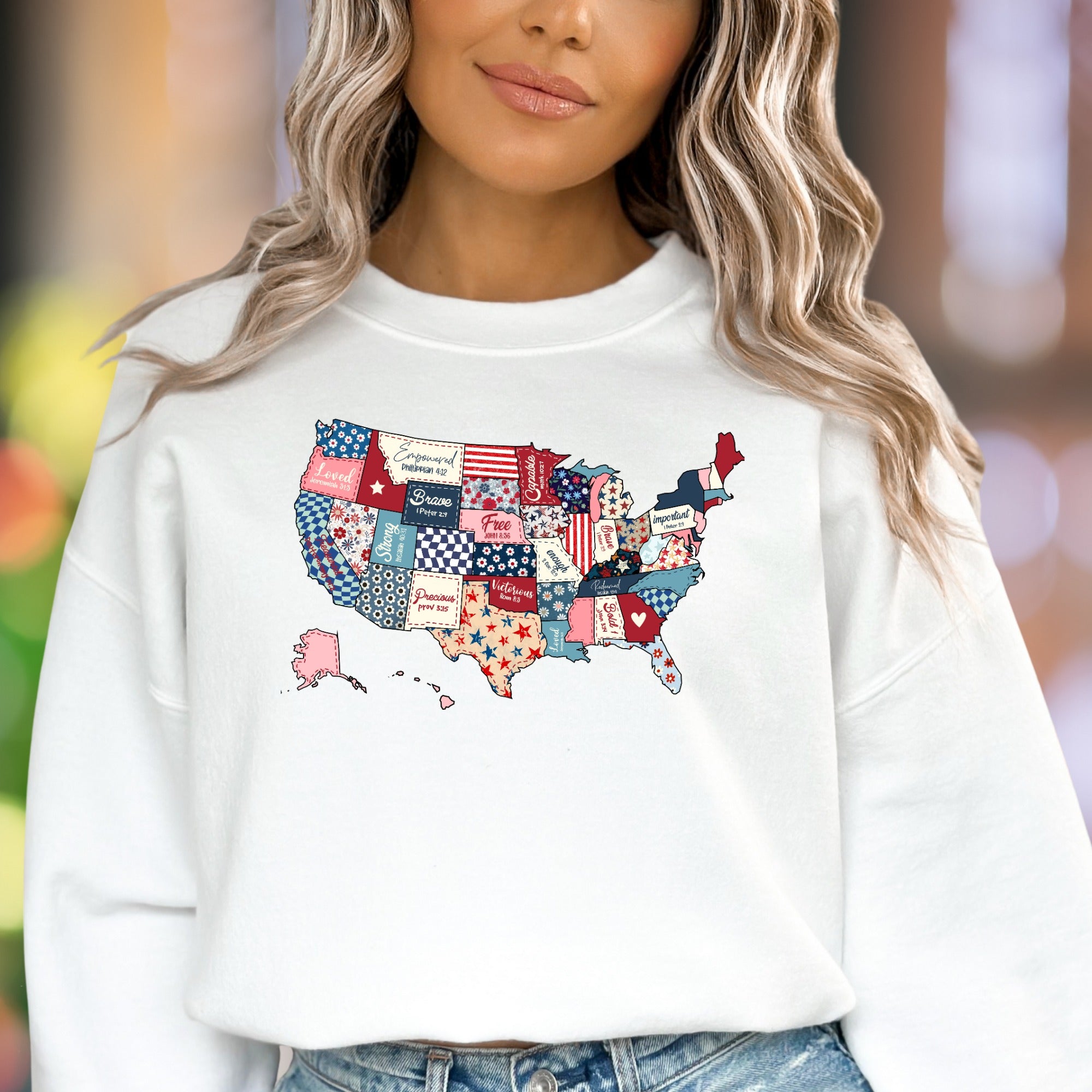 "Loved, Empowered, Brave, Free, Strong, Precious, Victorious" | Patchwork Map Unisex Adult Sweatshirt | Spiritual Confidence
