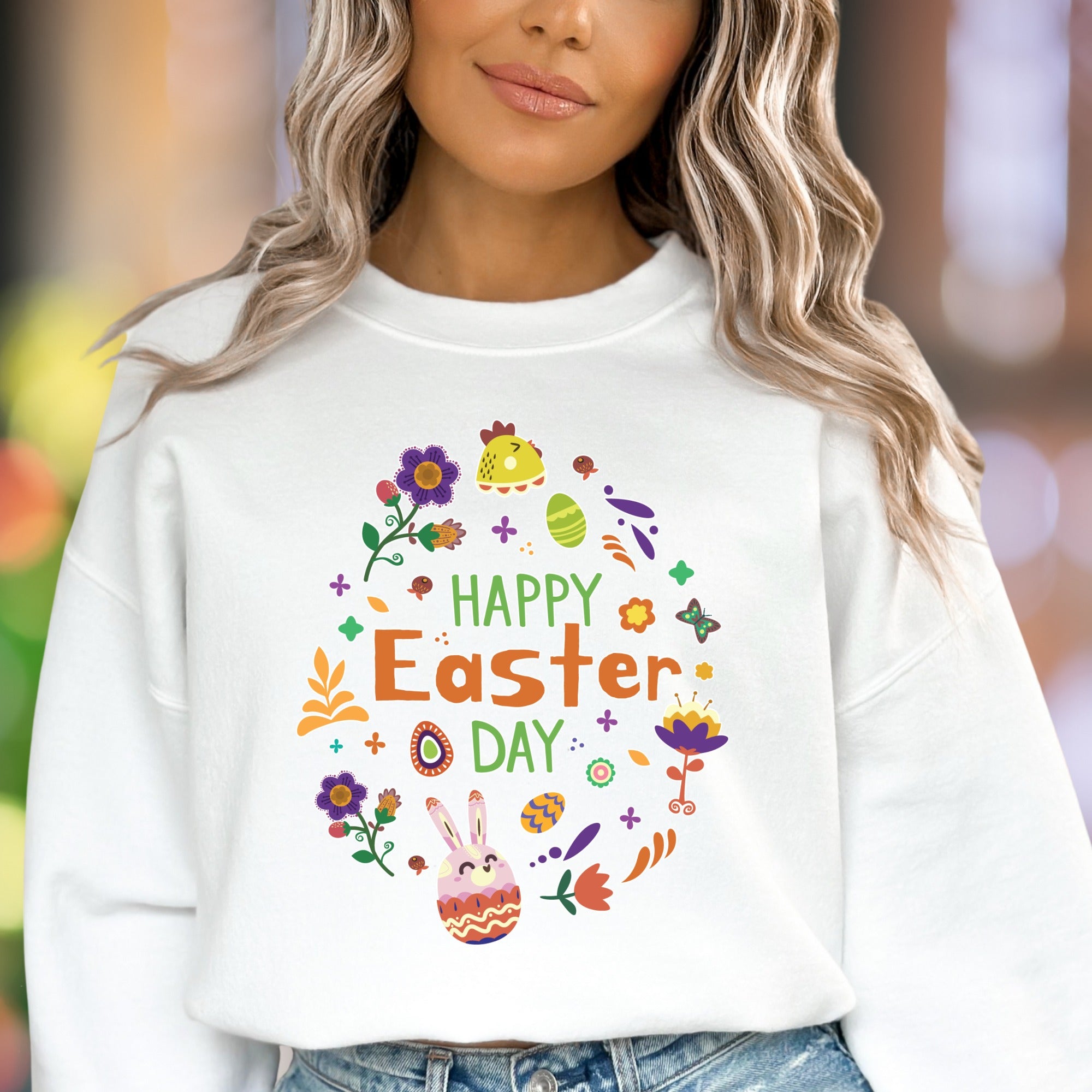 "Happy Easter Day" | Floral Bunny Unisex Adult Sweatshirt | Festive Lifestyle Apparel