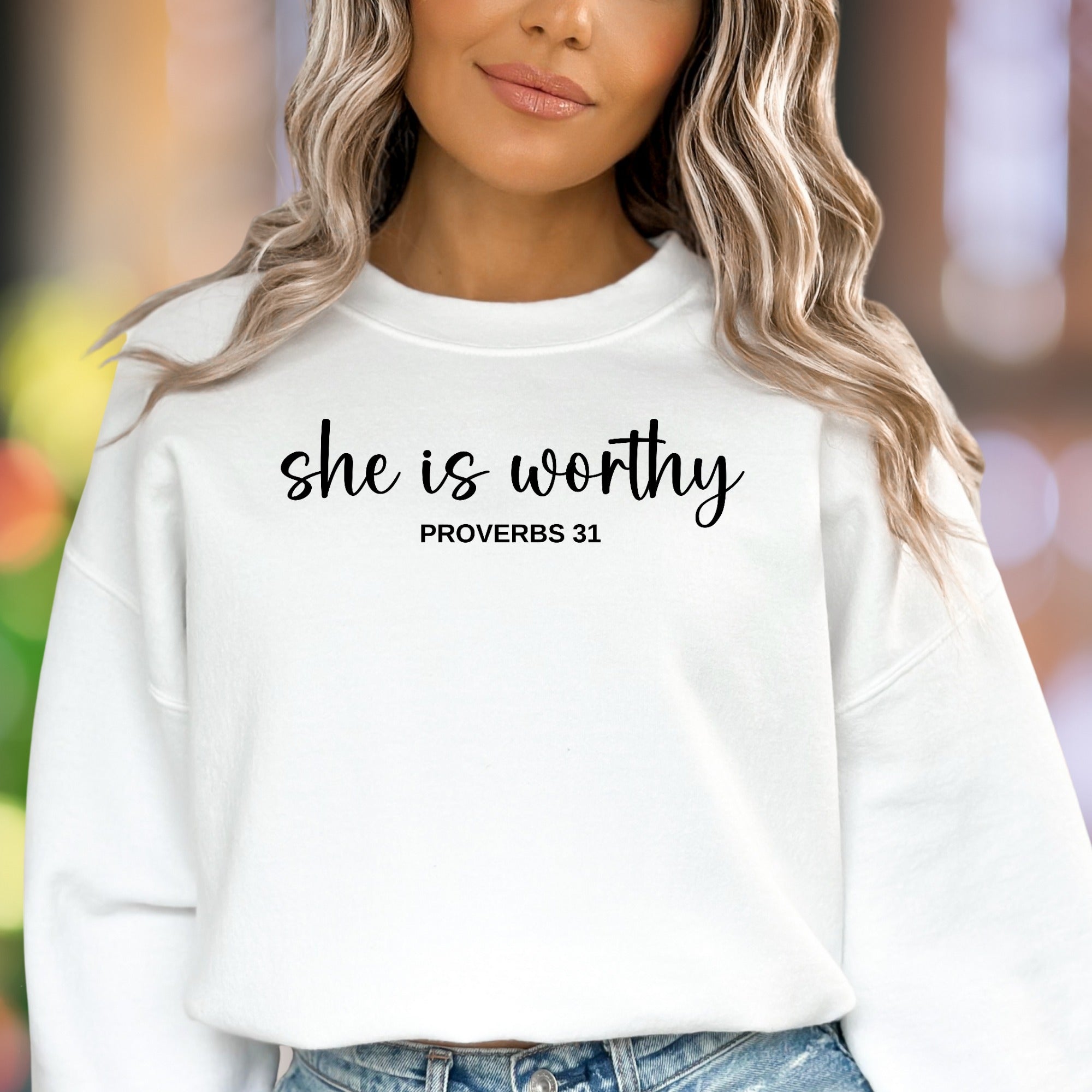 "She Is Worthy - Proverbs 31" | Script Typography Unisex Adult Sweatshirt | Inspirational Lifestyle