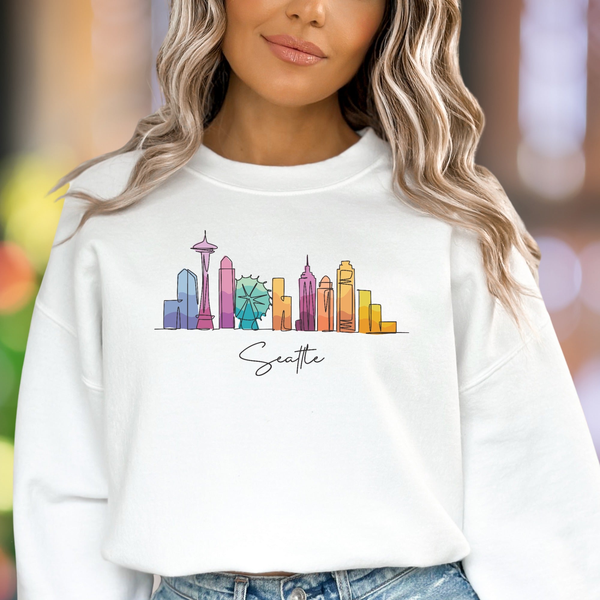 "Seattle" | Watercolor Skyline Unisex Adult Sweatshirt | City Travel Apparel