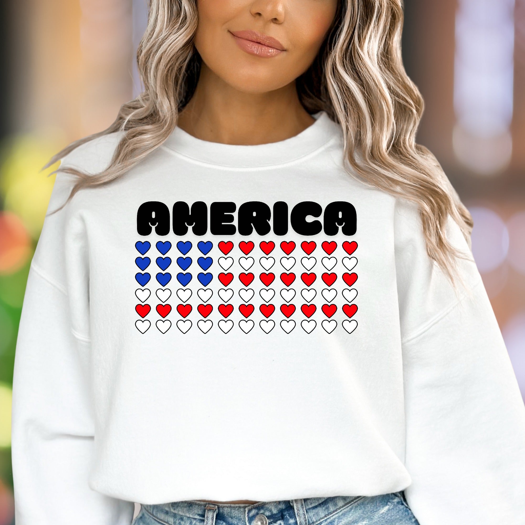 "AMERICA" | Patriotic Hearts Unisex Adult Sweatshirt | American Pride Wear