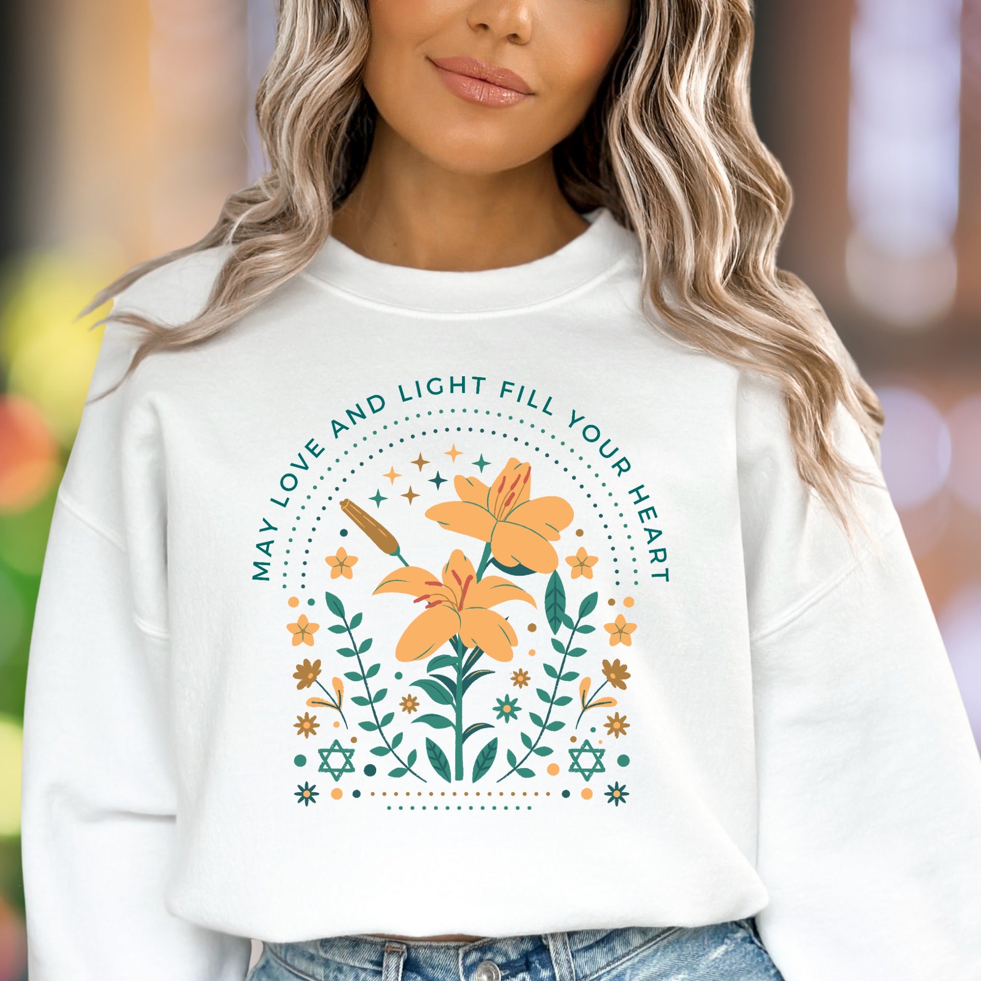 "May Love And Light Fill Your Heart" | Floral Graphic Unisex Adult Sweatshirt | Inspirational Art