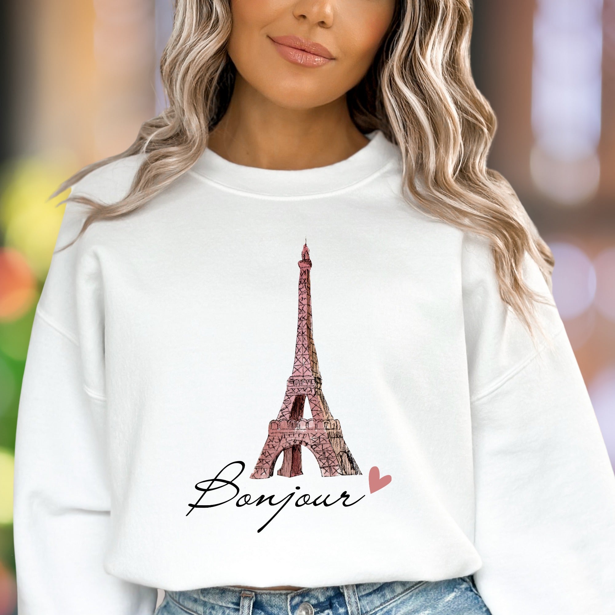 "Bonjour" | Parisian Eiffel Tower Unisex Adult Sweatshirt | Travel & Lifestyle