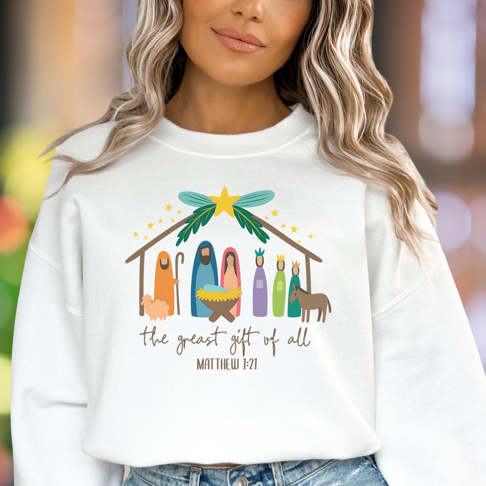 "the greast gift of all MATTHEW 1:21" | Nativity Scene Unisex Adult Sweatshirt | Festive Lifestyle