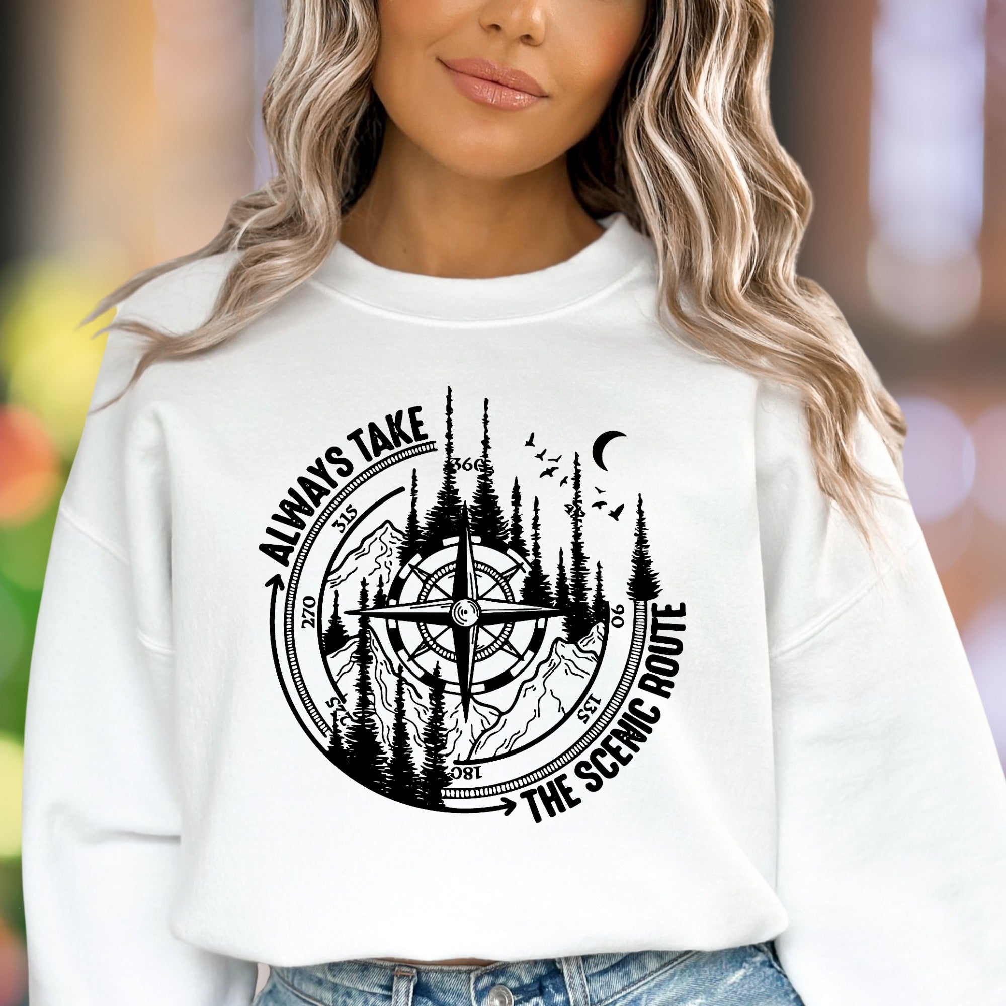 "ALWAYS TAKE THE SCENIC ROUTE" | Nature Compass Unisex Adult Sweatshirt | Adventurous Lifestyle