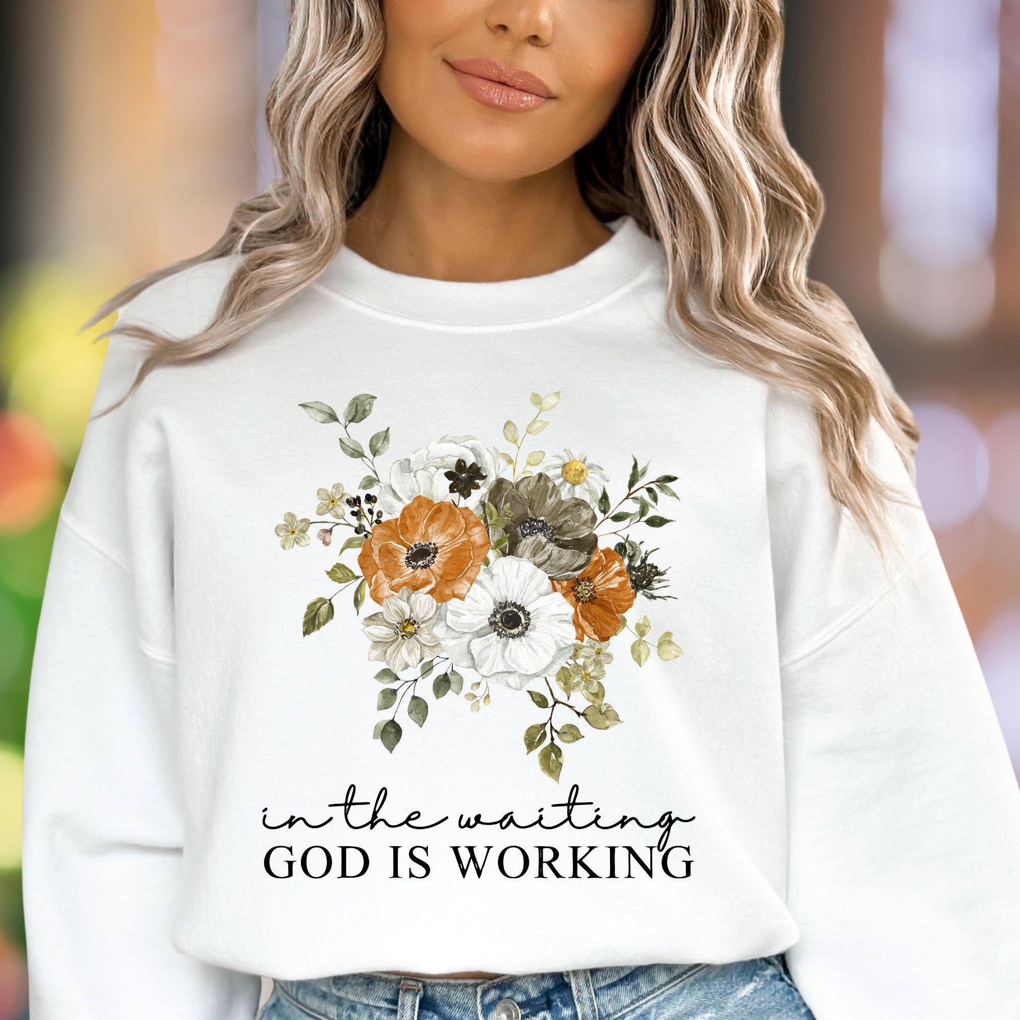 "In The Waiting God Is Working" | Floral Typography Unisex Adult Sweatshirt | Inspirational Lifestyle