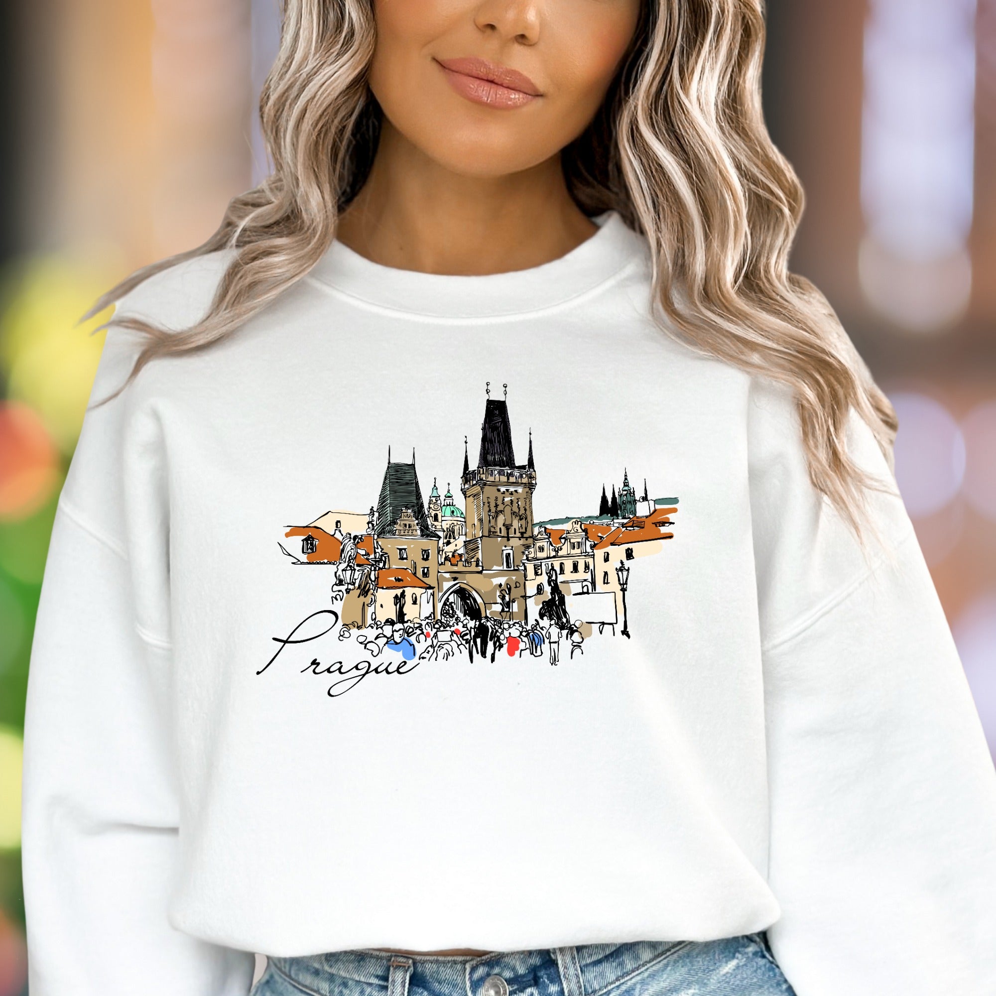 "Prague" | Line Art Cityscape Unisex Adult Sweatshirt | Travel Lifestyle