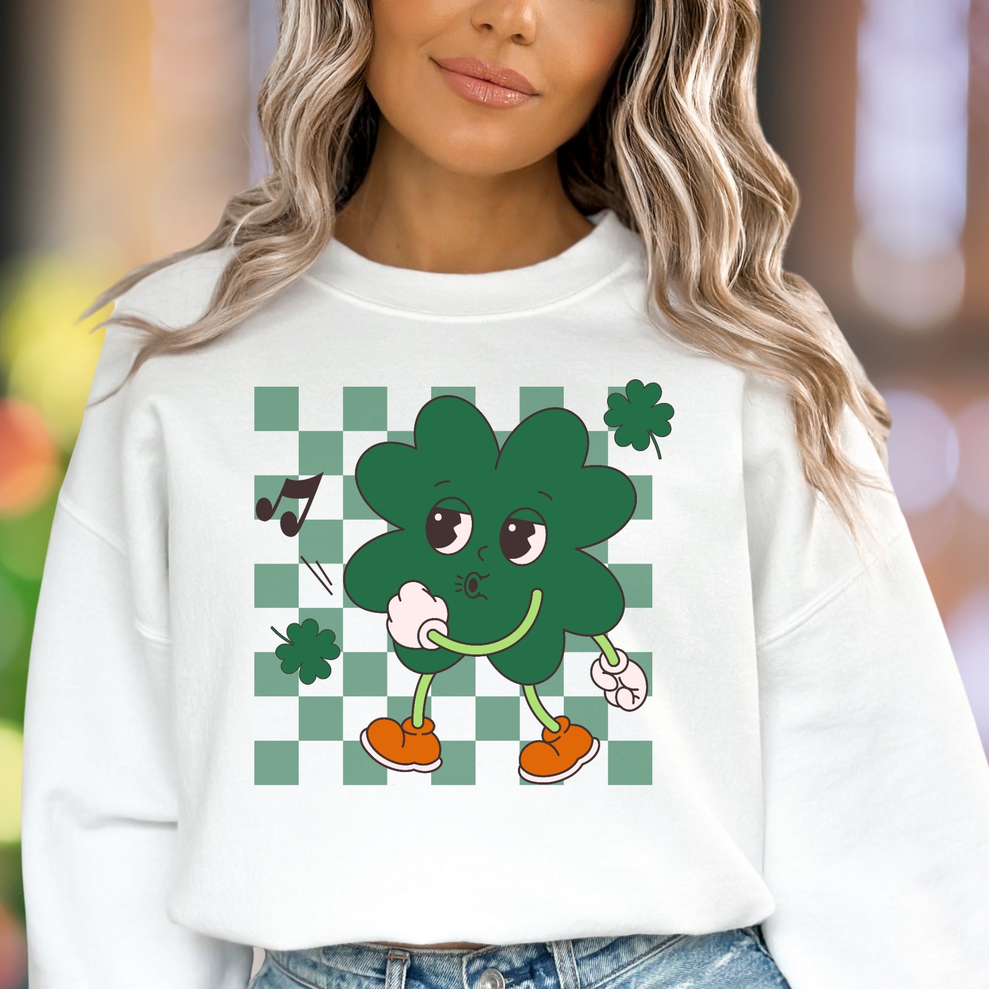 "Whistling Shamrock Character" | Retro Cartoon Unisex Adult Sweatshirt | Playful Lifestyle