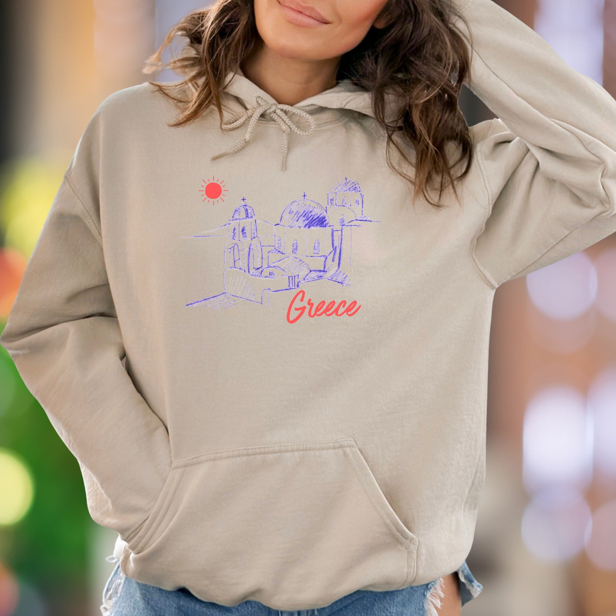 "Greece" | Retro Sketch Landmark Unisex Adult Hoodie | Travel Lifestyle