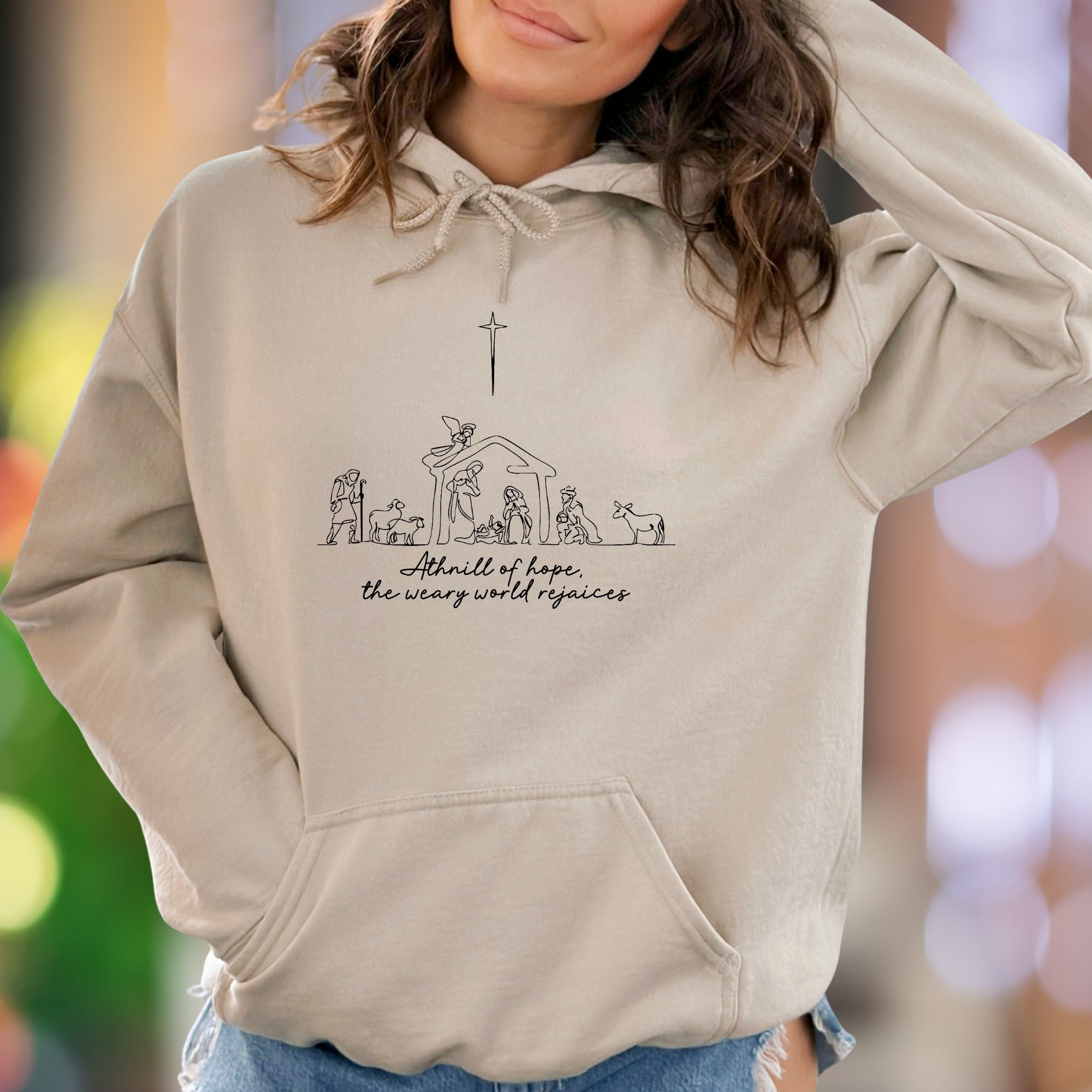 "A thrill of hope, the weary world rejoices" | Minimal Nativity Unisex Adult Hoodie | Inspiring Christian Apparel