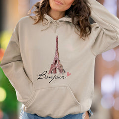 "Bonjour Eiffel Tower" | Parisian Sketch Unisex Adult Hoodie | Travel Lifestyle Apparel