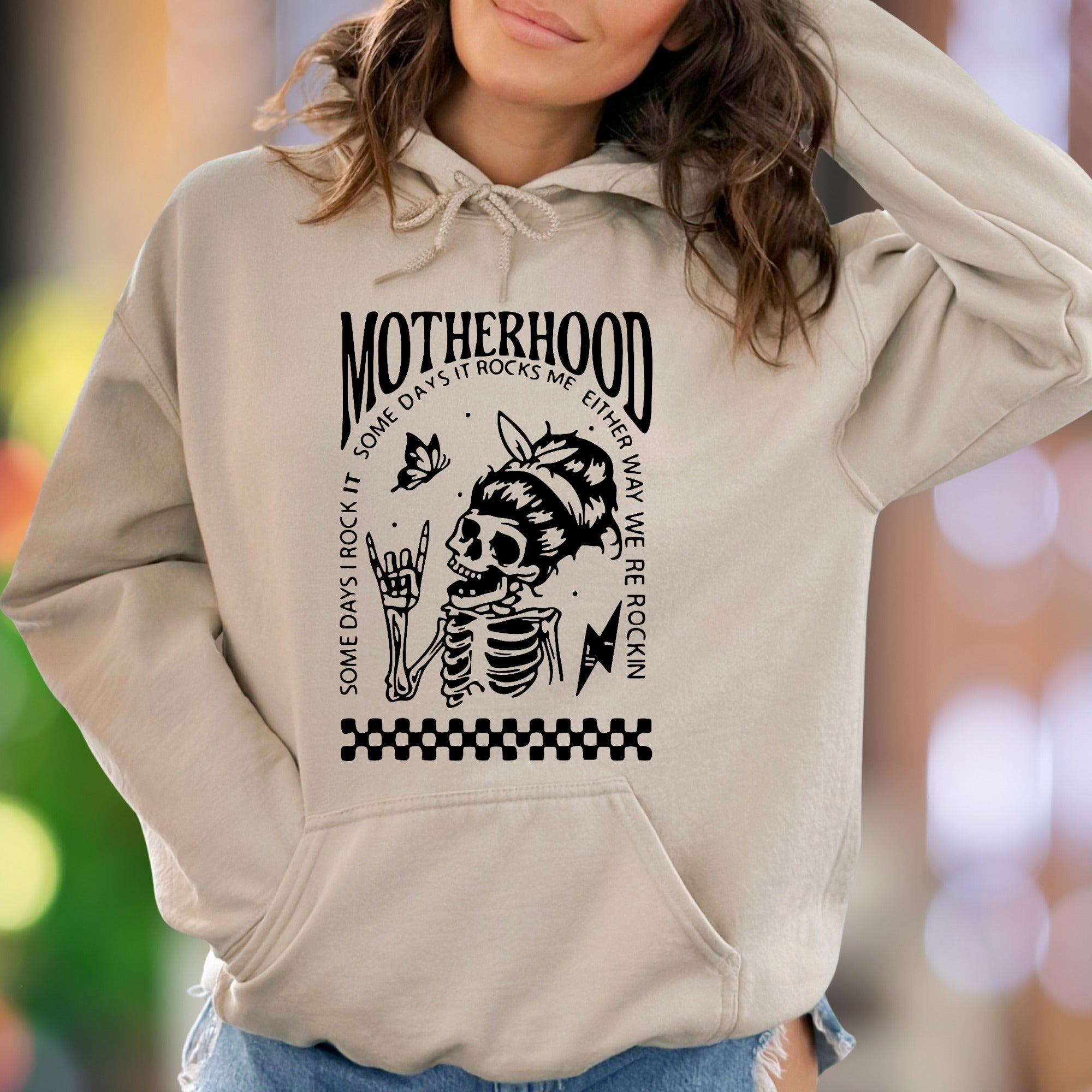 "Motherhood: Some Days It Rocks Me" | Vintage Skull Unisex Adult Hoodie | Parental Humor
