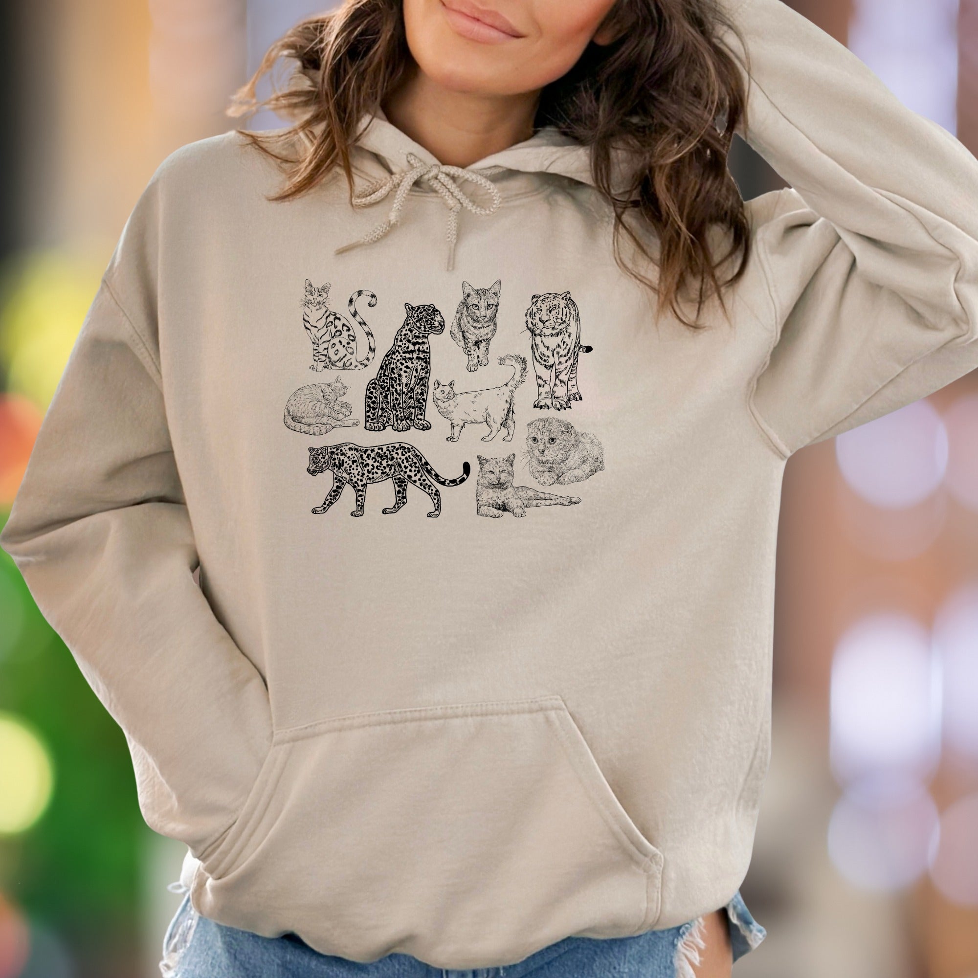 "Various Cats Line Art" | Nature Graphic Unisex Adult Hoodie | Cat Lover Lifestyle