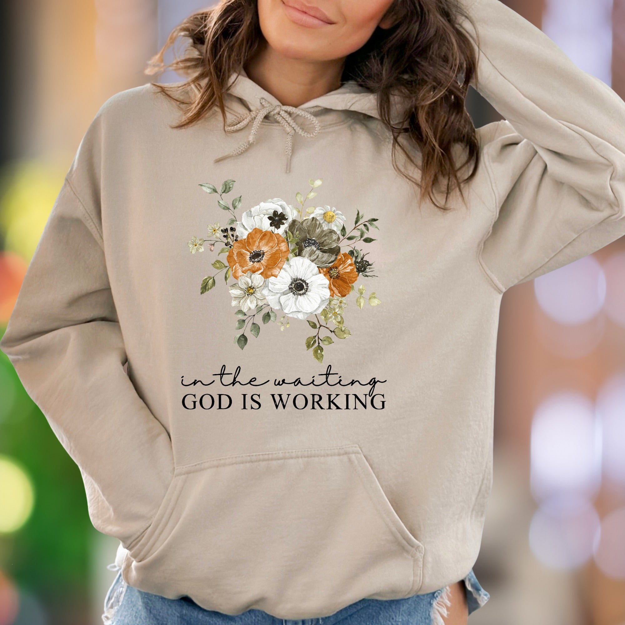 "In The Waiting God Is Working" | Floral Graphic Unisex Adult Hoodie | Motivational Lifestyle