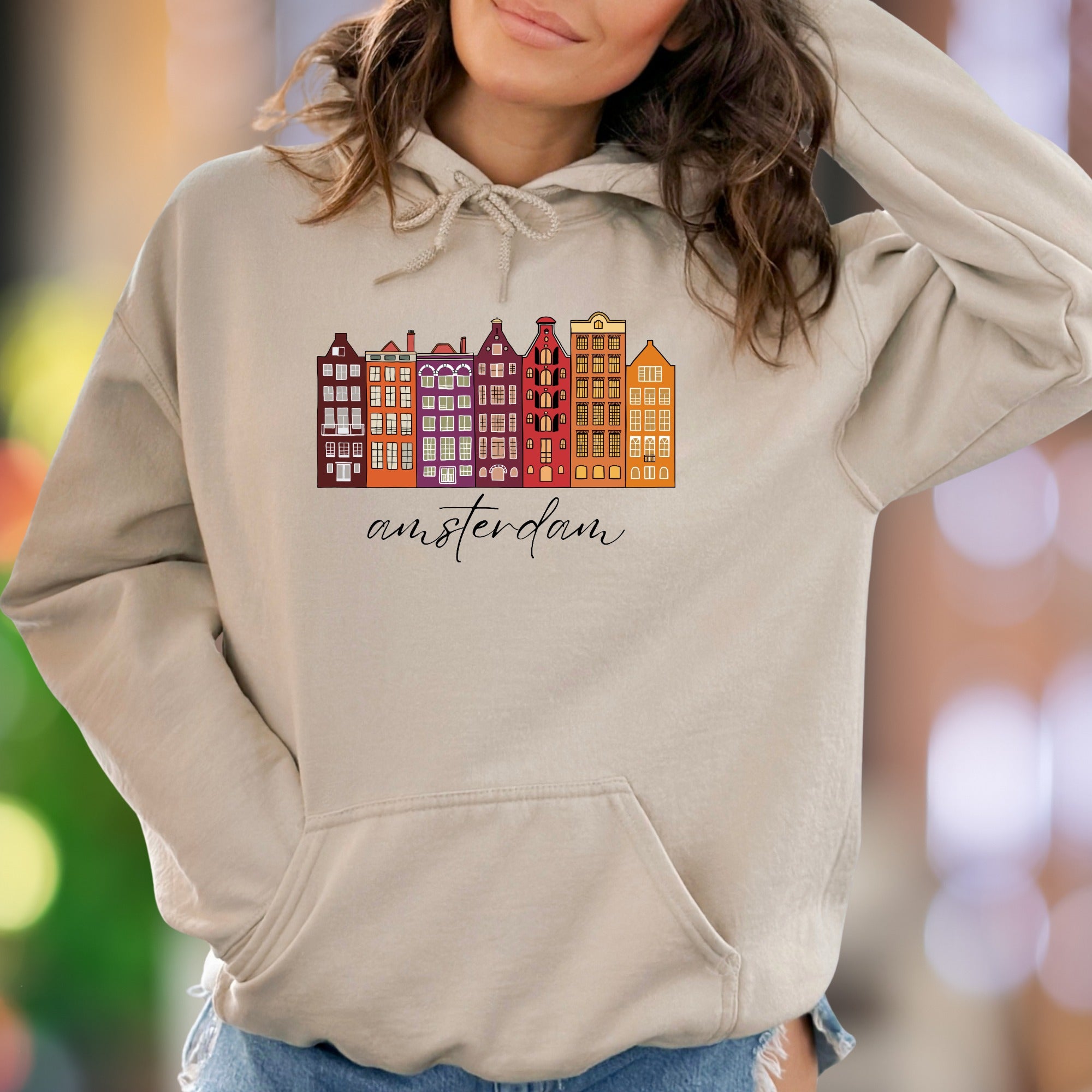 "amsterdam" | Illustrated Cityscape Unisex Adult Hoodie | Travel Lifestyle