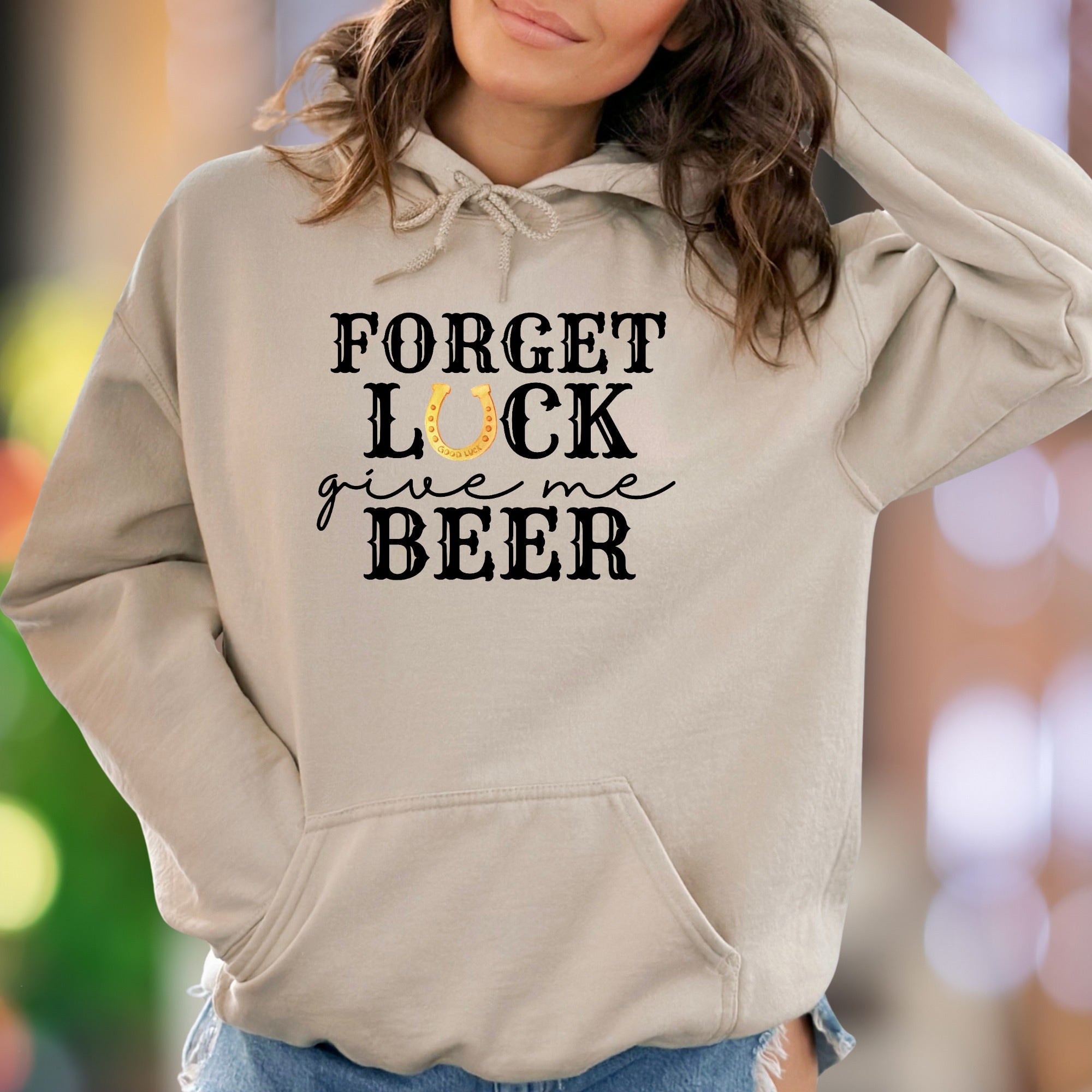 "Forget Luck Give Me Beer" | Funny Western Graphic Unisex Adult Hoodie | Casual Lifestyle