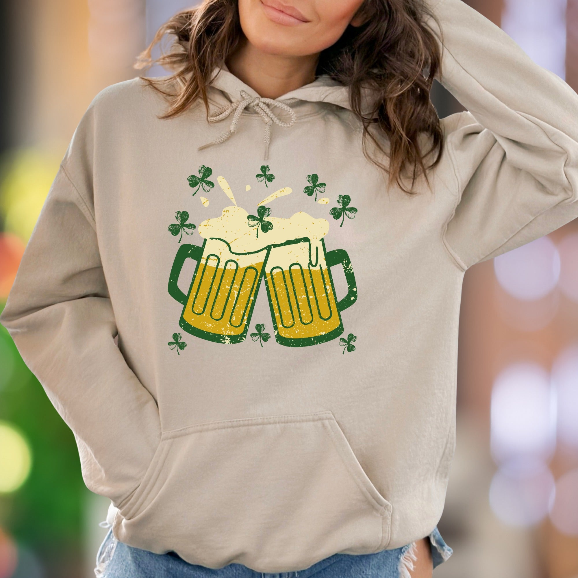 "Cheers & Shamrocks" | Distressed Graphic Unisex Adult Hoodie | St. Patrick's Day Fun