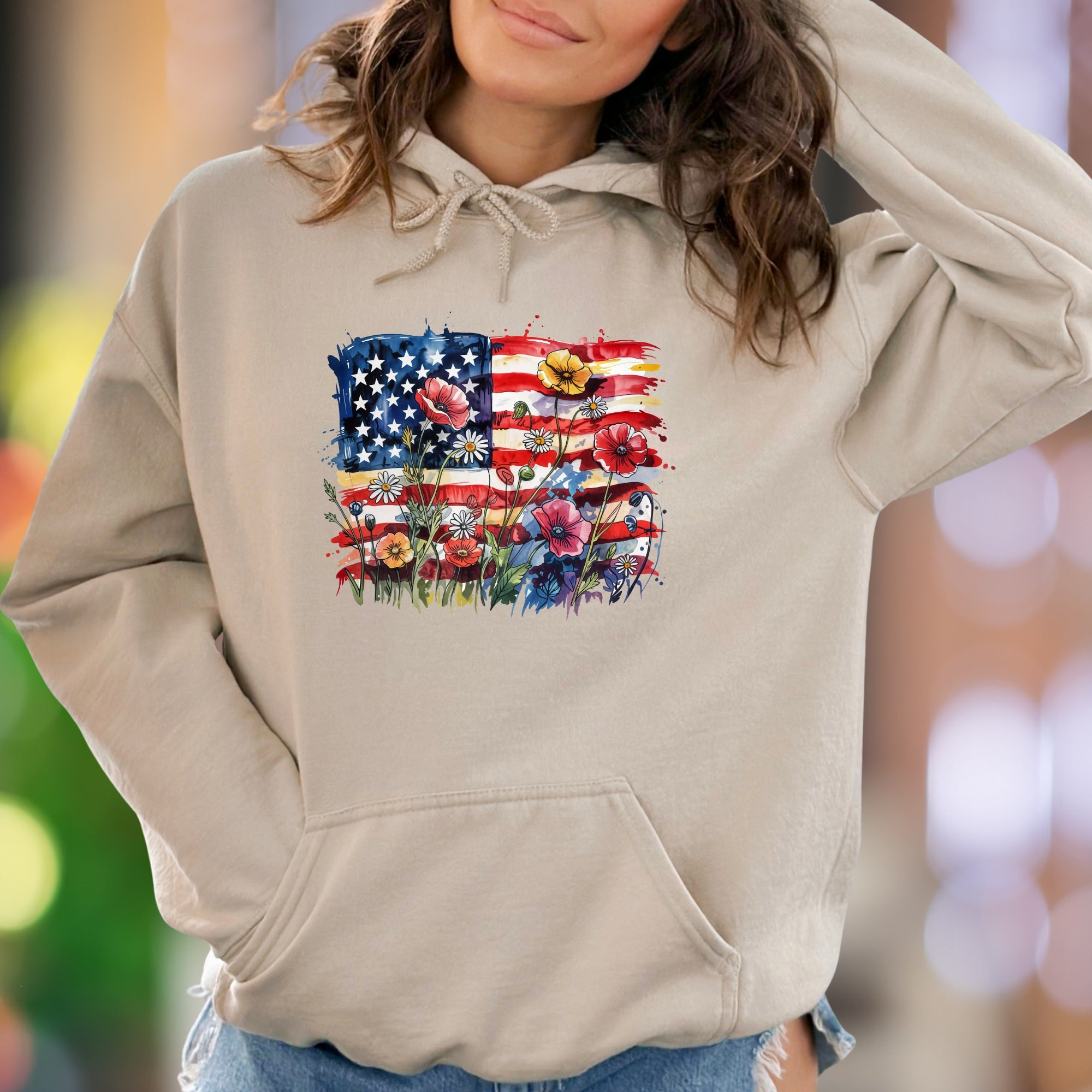 "Bloom With Patriotism" | Rustic Floral Flag Unisex Adult Hoodie | Nature-Inspired Lifestyle