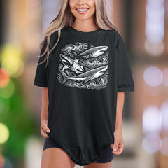 Ocean Waves & Sharks Sketch | Comfort Colors Unisex Adult T-Shirt | Coastal Lifestyle