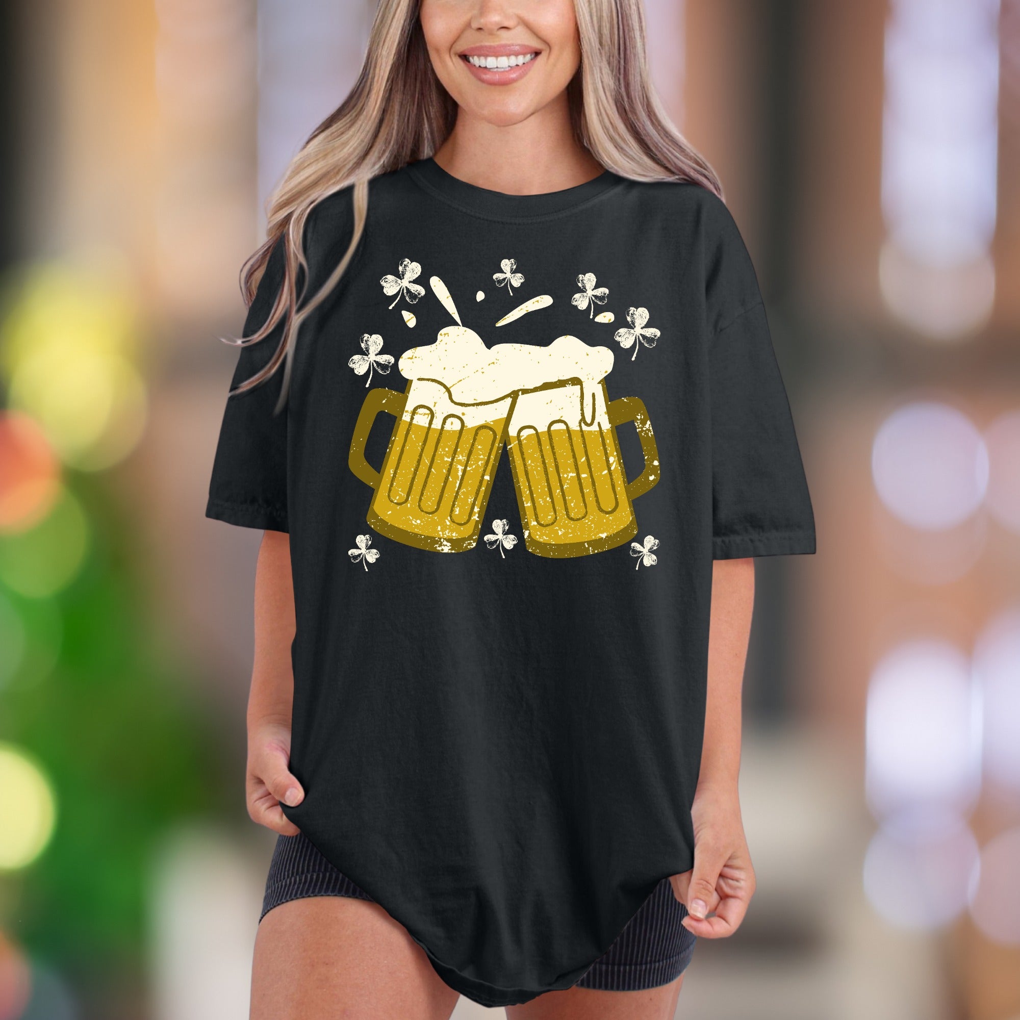 Sláinte! Cheers Beer Mugs with Shamrocks | Comfort Colors Unisex Adult T-Shirt | Distressed St. Patrick's Day Style