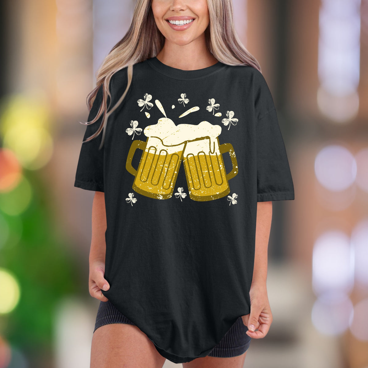 Sláinte! Cheers Beer Mugs with Shamrocks | Comfort Colors Unisex Adult T-Shirt | Distressed St. Patrick's Day Style