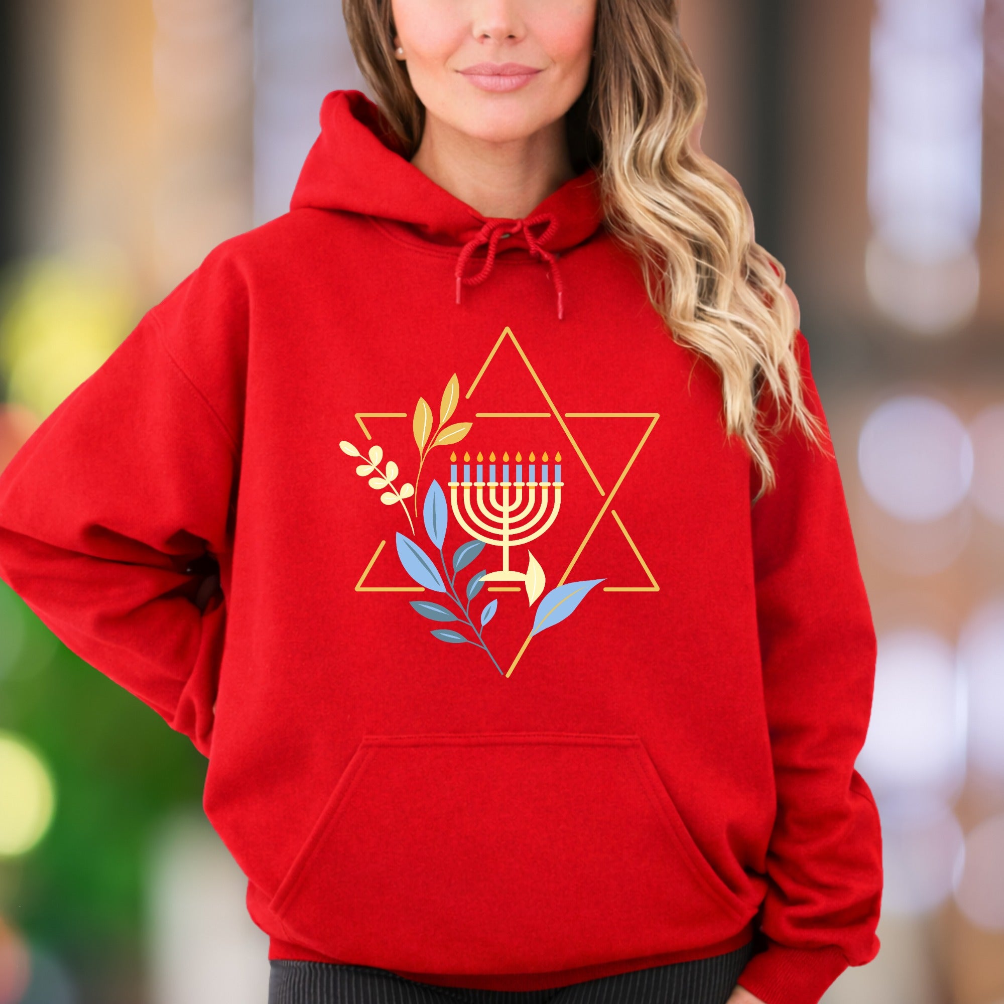Star of David & Menorah Symbol | Evergreen Graphic Unisex Adult Hoodie | Spiritual Lifestyle
