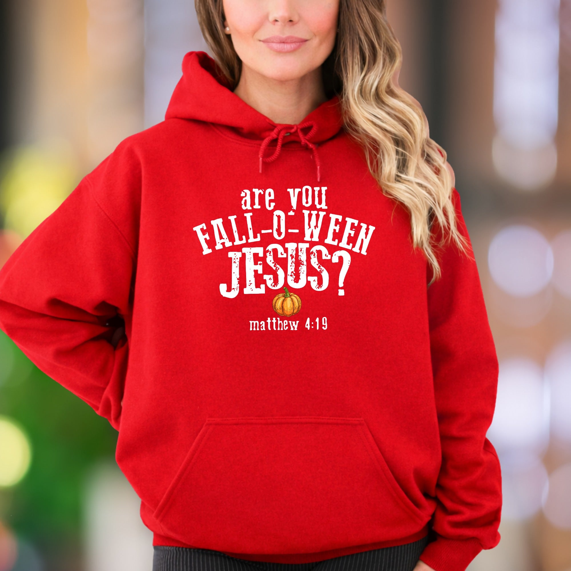 "Are You Fall-o-ween Jesus? Matthew 4:19" | Bold Typography Unisex Adult Hoodie | Humorous Lifestyle