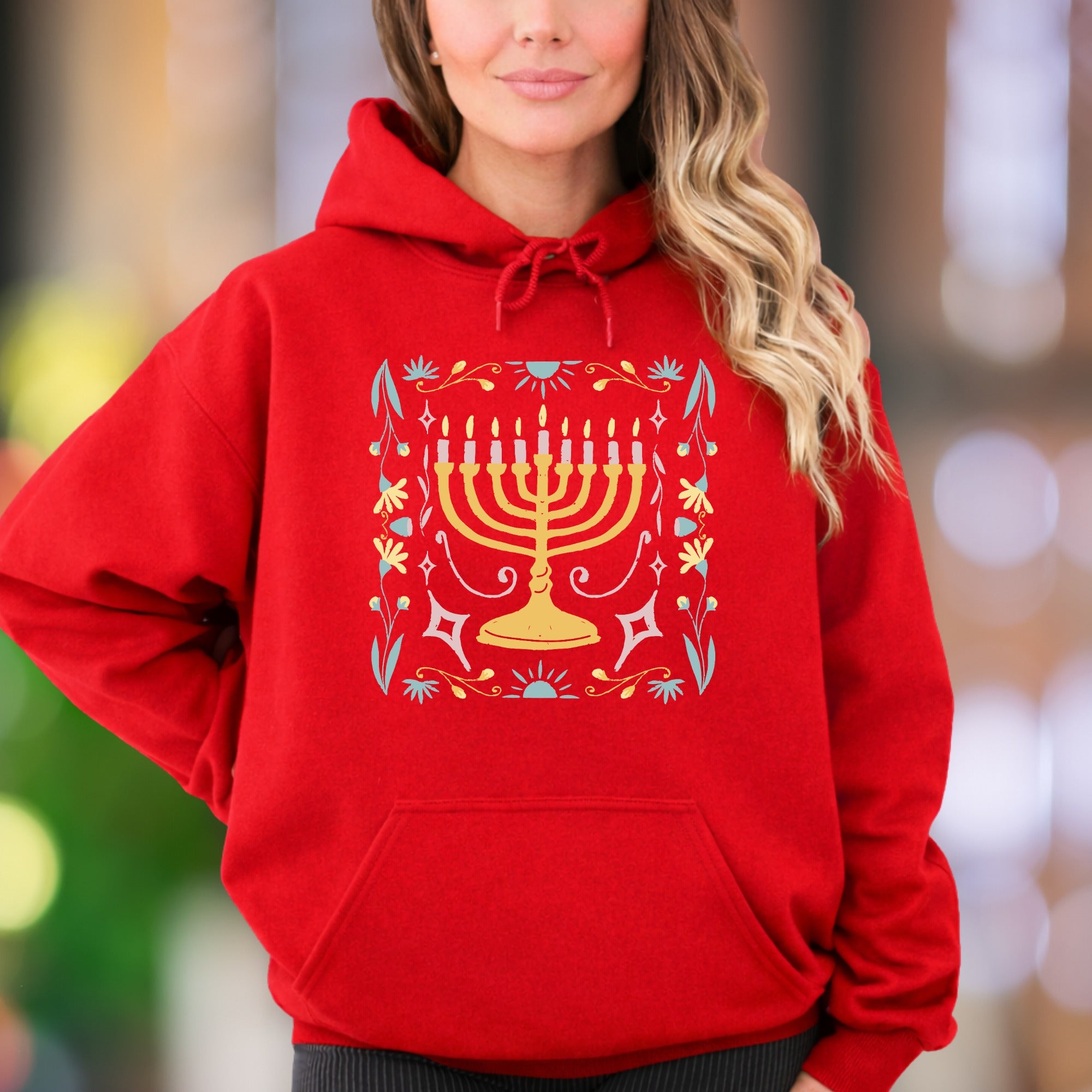 "Hanukkah Floral Menorah" | Folk Art Graphic Unisex Adult Hoodie | Festive Lifestyle