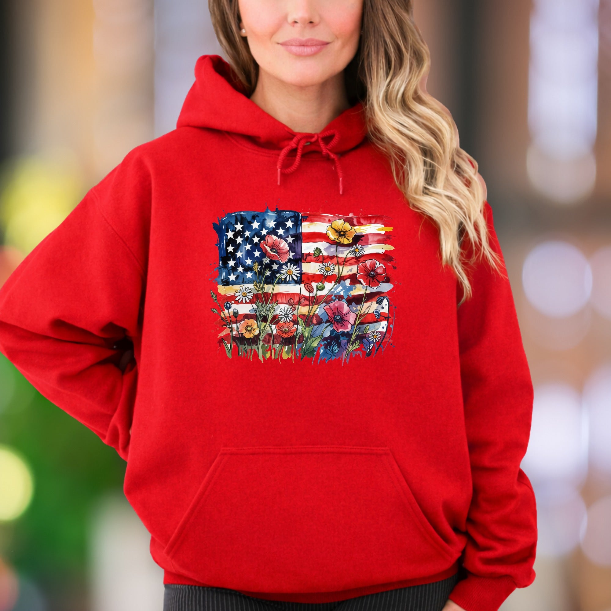 "Bloom With Patriotism" | Rustic Floral Flag Unisex Adult Hoodie | Nature-Inspired Lifestyle