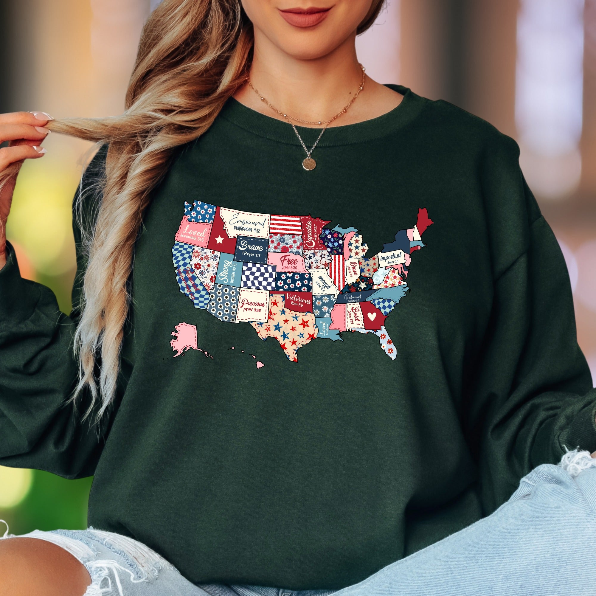 “Empowered Capable Brave Free Loved Strong Precious Victorious Redeemed Important Bold” | Vintage Patchwork Unisex Adult Long Sleeve T-Shirt | Faith-Inspired Lifestyle