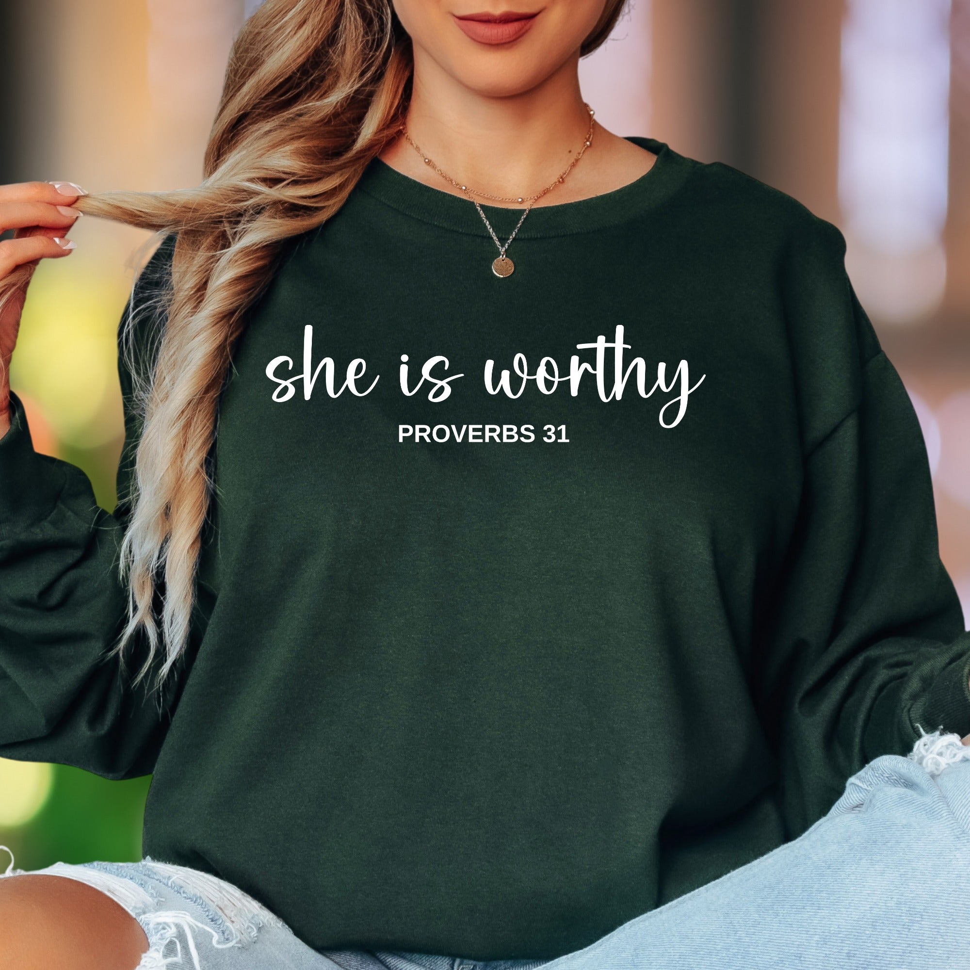 "she is worthy PROVERBS 31" | Script Typography Unisex Adult Long Sleeve T-Shirt | Empowering Lifestyle
