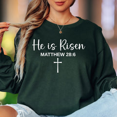 "He is Risen Matthew 28:6" | Modern Typography Unisex Adult Long Sleeve T-Shirt | Faith-Inspired Lifestyle