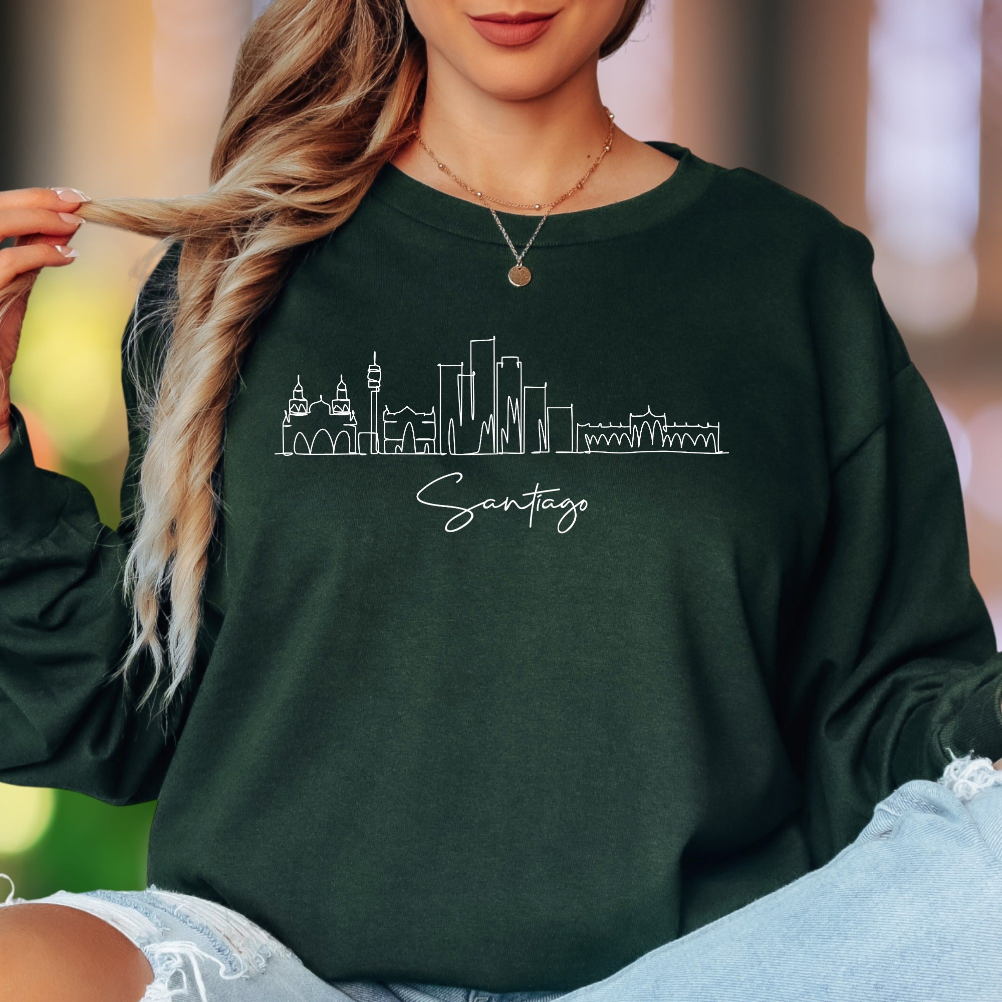 "Santiago Skyline" | Minimal Line Art Unisex Adult Long Sleeve T-Shirt | Travel & City Lover