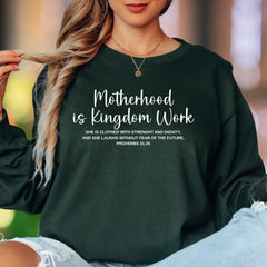 "Motherhood is Kingdom Work" | Script Typography Unisex Adult Long Sleeve T-Shirt | Faith-Inspired Lifestyle