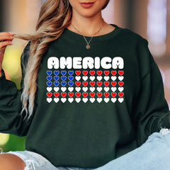 "AMERICA" | Patriotic Heart Grid Unisex Adult Long Sleeve T-Shirt | Heritage Pride