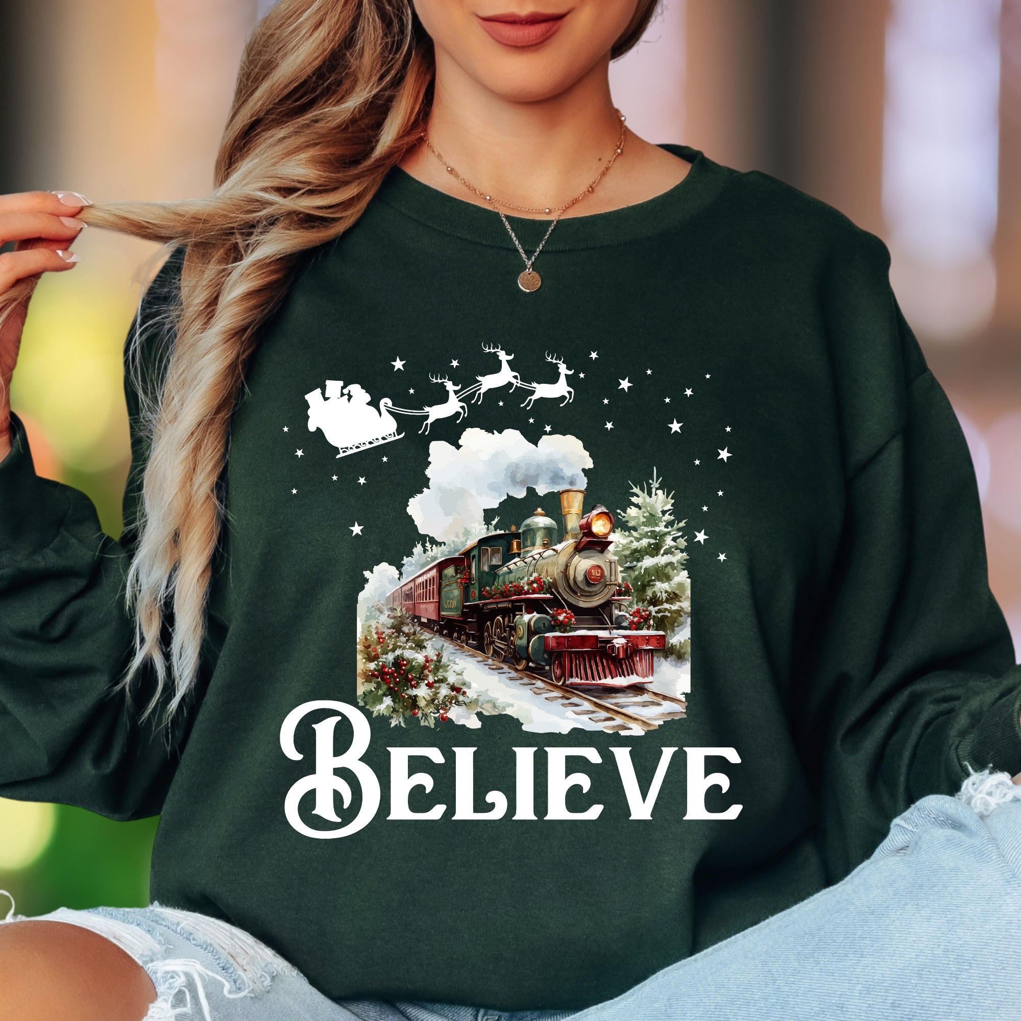 "Believe" | Christmas Train Illustration Unisex Adult Long Sleeve T-Shirt | Festive Holiday Wear