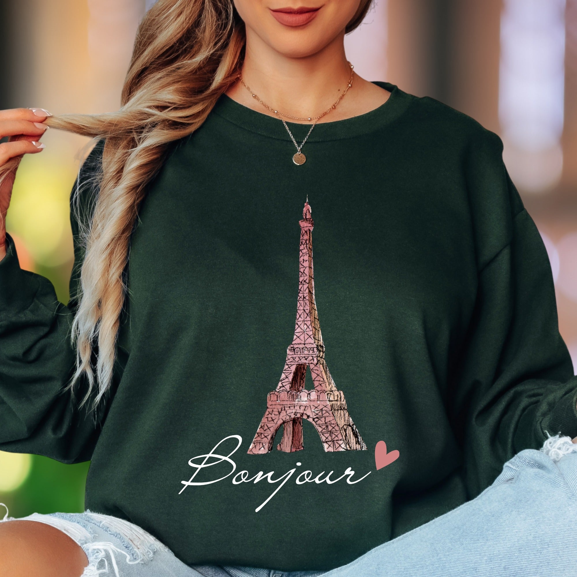"Bonjour Eiffel Tower" | Parisian Sketch Unisex Adult Long Sleeve T-Shirt | Romantic Travel Lifestyle