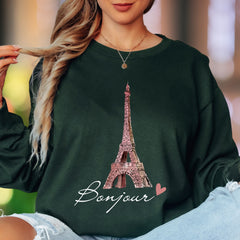 "Bonjour Eiffel Tower" | Parisian Sketch Unisex Adult Long Sleeve T-Shirt | Romantic Travel Lifestyle