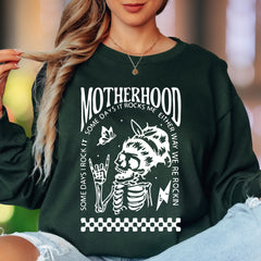 "Motherhood - Some Days I Rock It, Either Way We're Rockin'" | Illustrated Skull Unisex Adult Long Sleeve T-Shirt | Edgy Mom Life