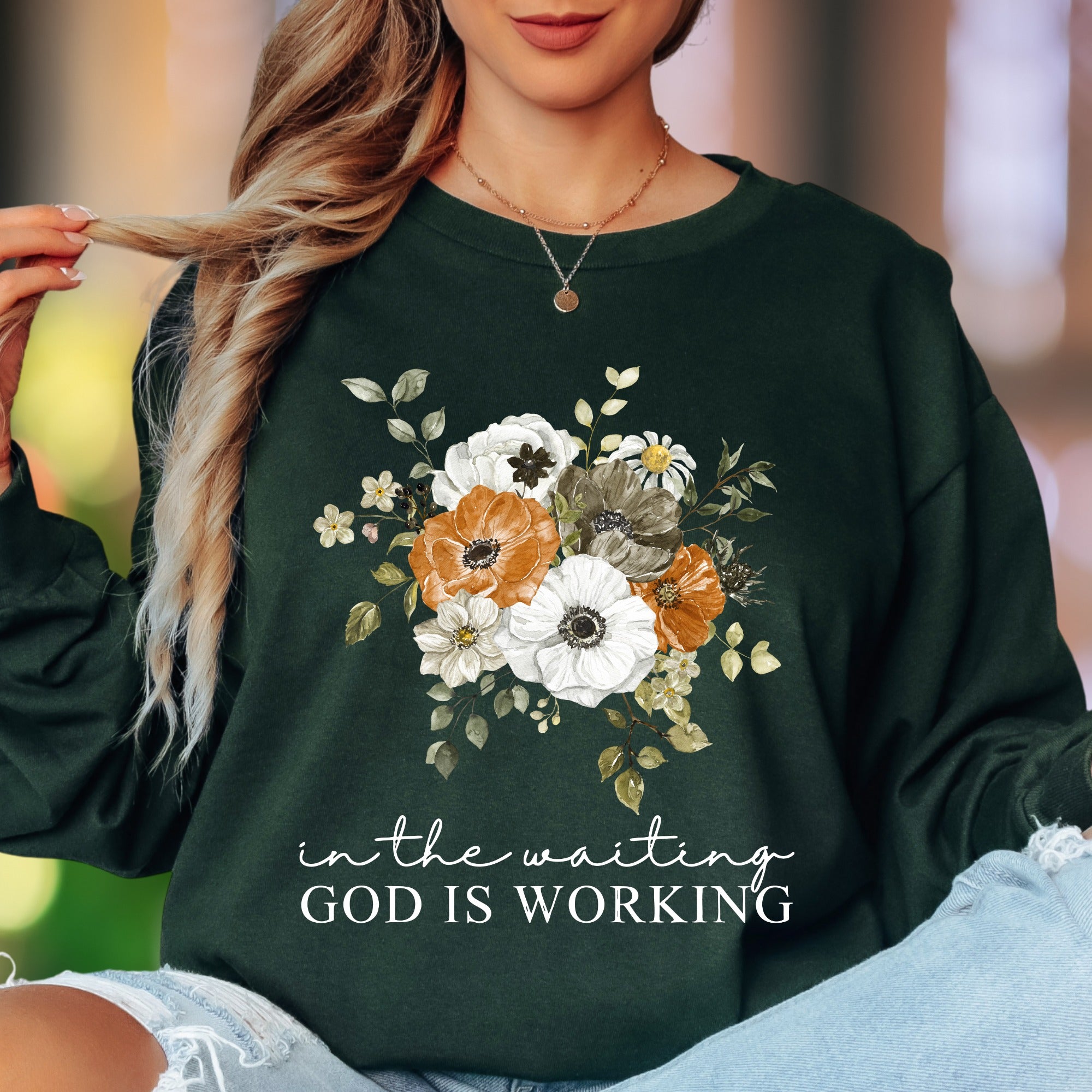 "In The Waiting, God Is Working" | Floral Typography Unisex Adult Long Sleeve T-Shirt | Inspirational Faithwear