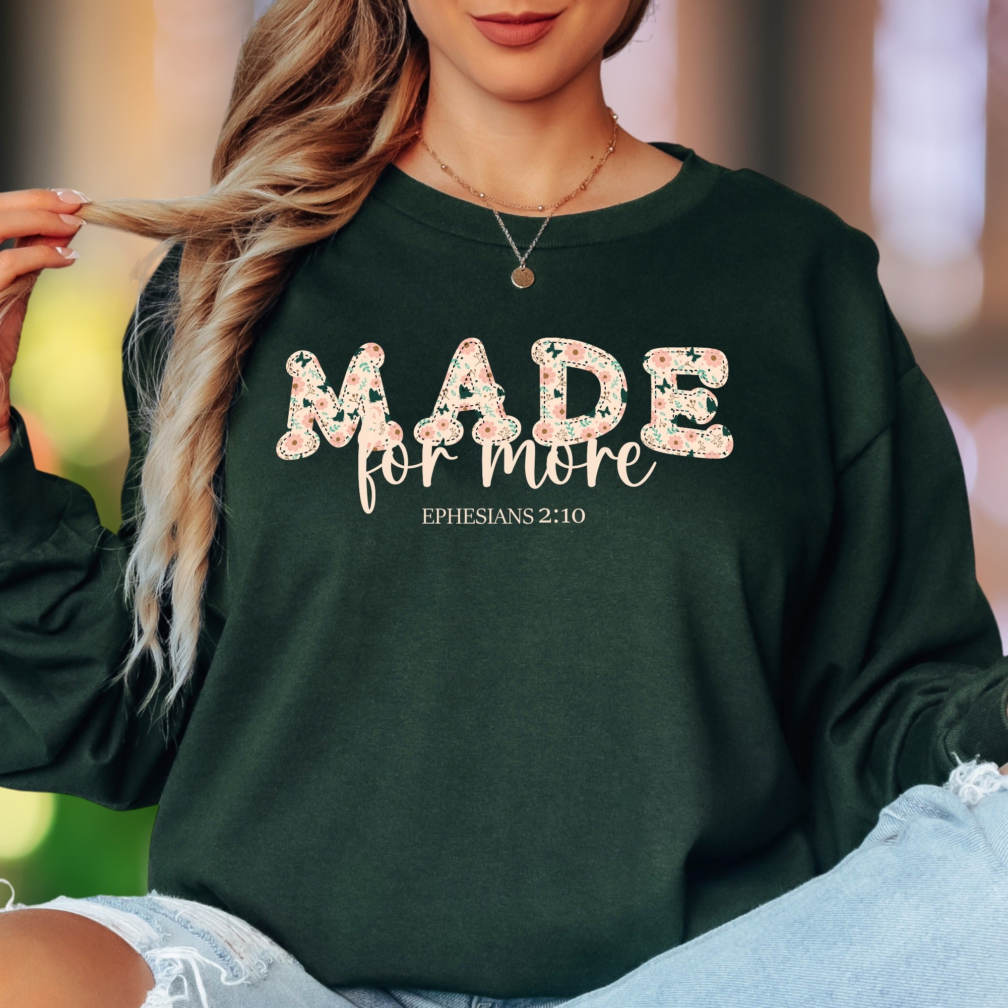 "Made For More Ephesians 2:10" | Floral Applique Unisex Adult Long Sleeve T-Shirt | Empowering Inspiration Main image