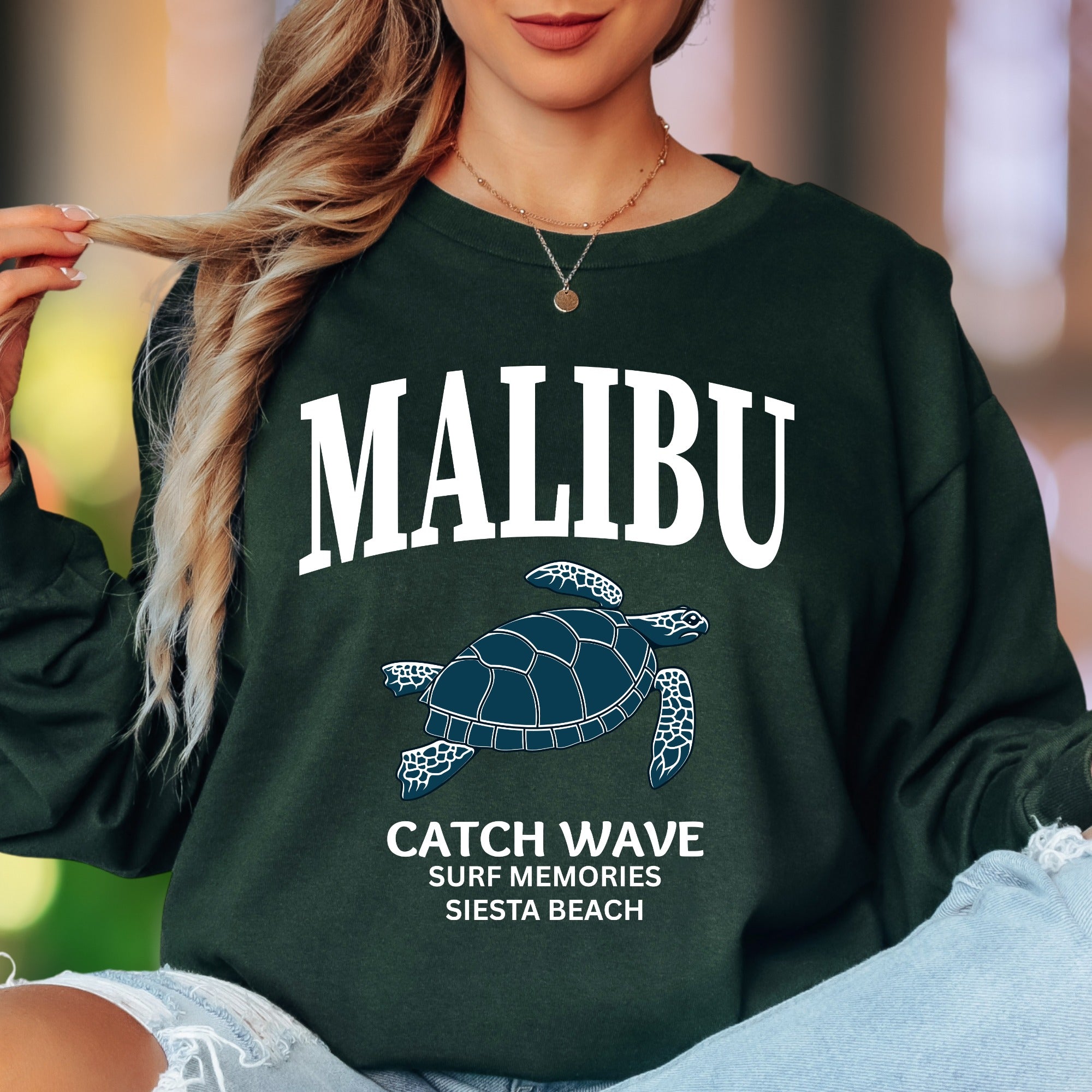 "MALIBU Catch Wave Surf Memories Siesta Beach" | Coastal Retro Unisex Adult Long Sleeve T-Shirt | Beach Lifestyle