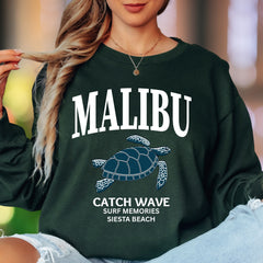 "MALIBU Catch Wave Surf Memories Siesta Beach" | Coastal Retro Unisex Adult Long Sleeve T-Shirt | Beach Lifestyle