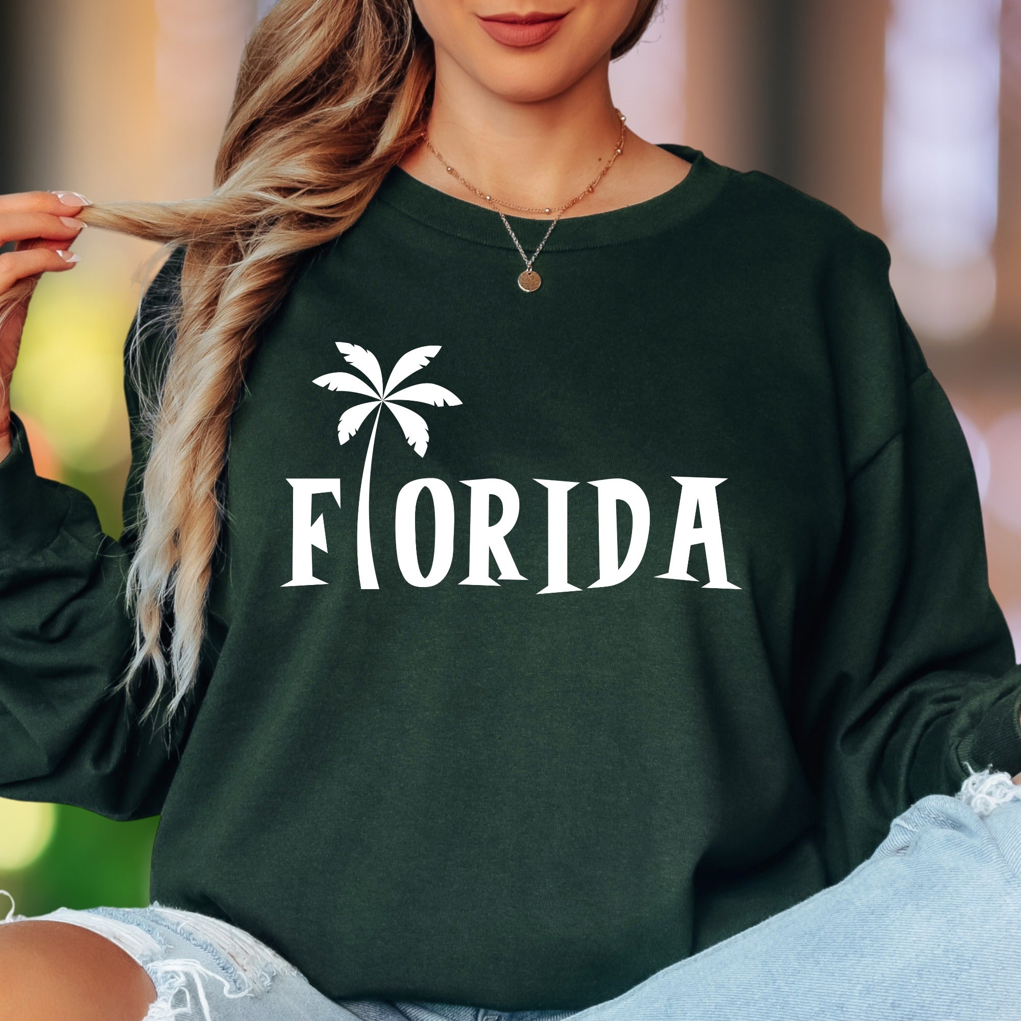 "Florida" | Palm Tree Typography Unisex Adult Long Sleeve T-Shirt | Travel & Lifestyle