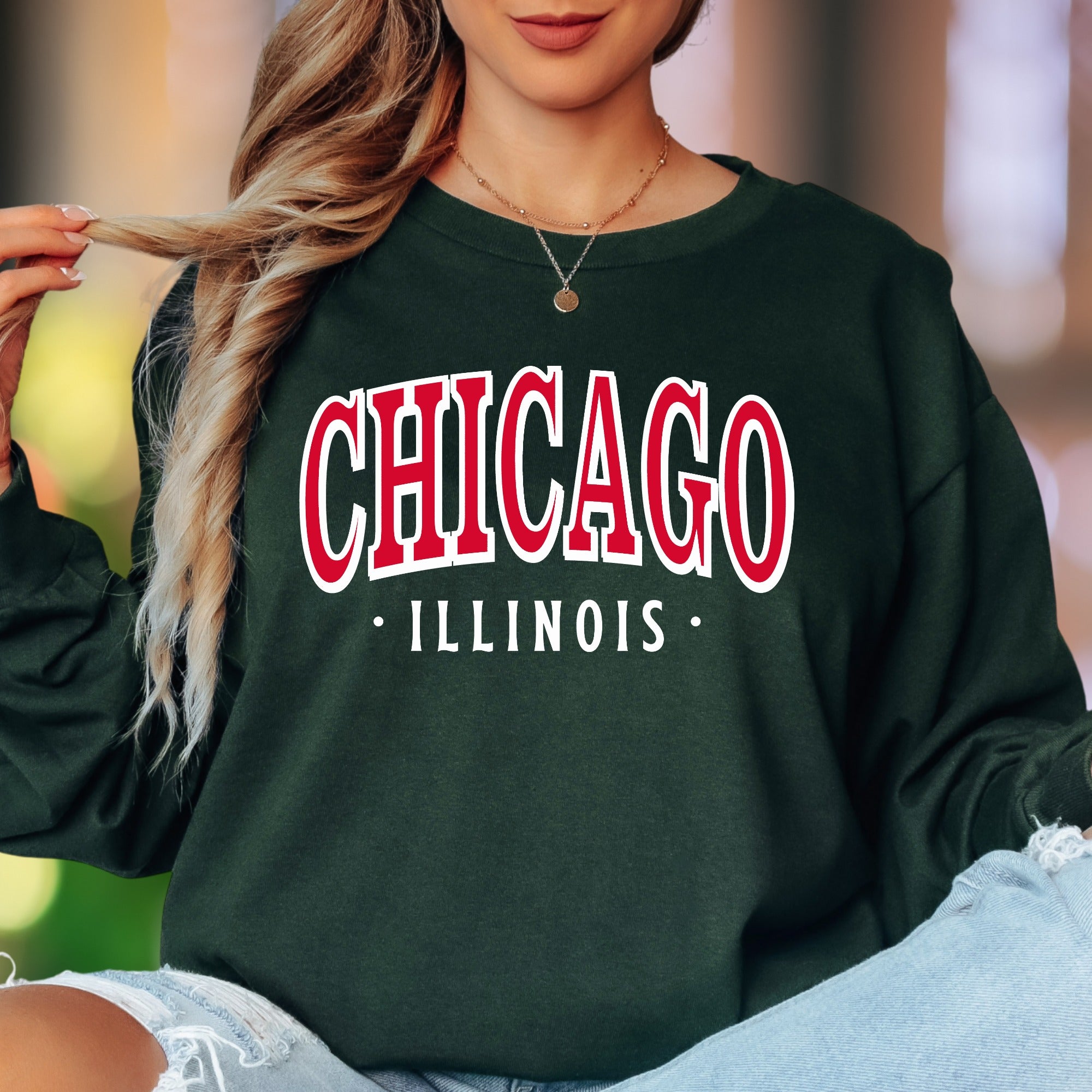 "CHICAGO • ILLINOIS" | Retro Typography Unisex Adult Long Sleeve T-Shirt | City Pride Apparel