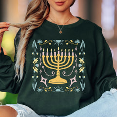 Minimalist Menorah | Floral Folk Art Unisex Adult Long Sleeve T-Shirt | Festive Lifestyle