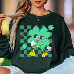 "Groovy Shamrock" | Retro Checkerboard Unisex Adult Long Sleeve T-Shirt | Playful St. Patrick's Day Style