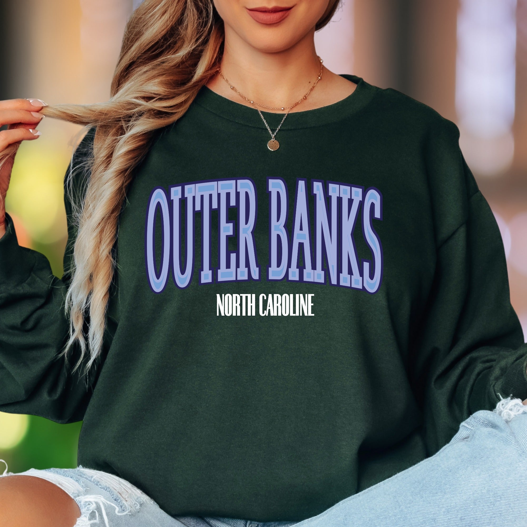 "Outer Banks North Carolina" | Retro Typography Unisex Adult Long Sleeve T-Shirt | Coastal Lifestyle