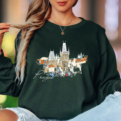 "Prague" | Sketch Art Cityscape Unisex Adult Long Sleeve T-Shirt | Travel & Culture Lifestyle